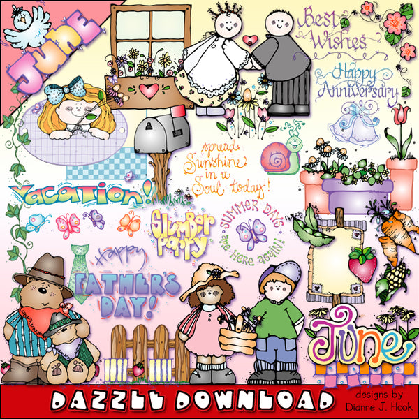 Cute, classic clip art for June and summer smiles for kids by DJ Inkers.