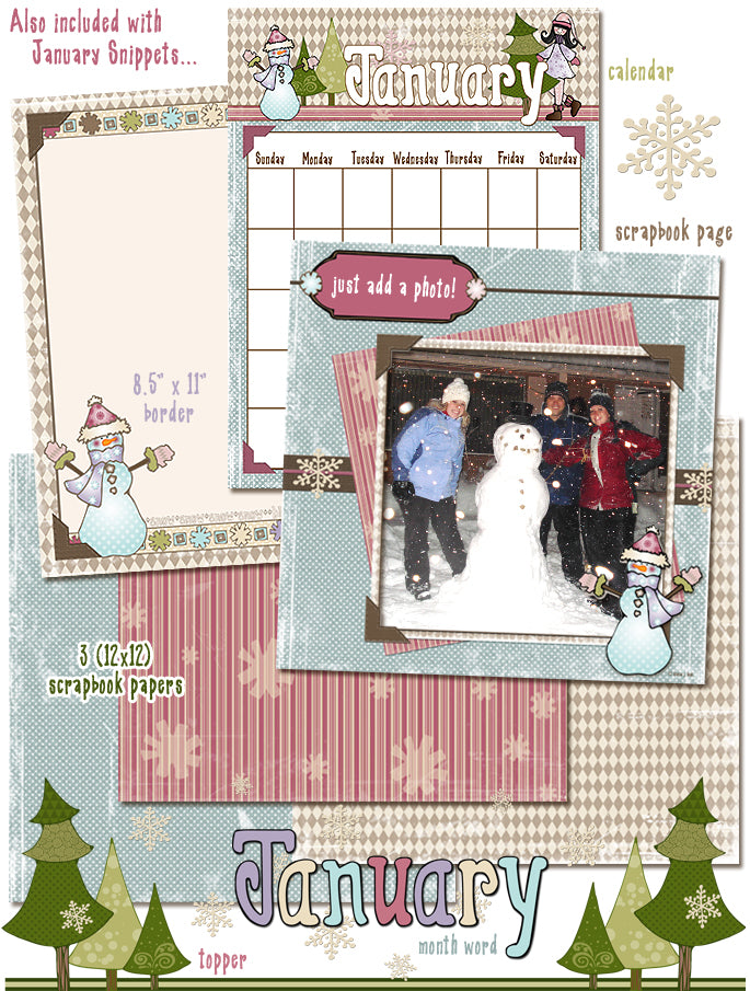 Snow Play Clip Art Snippets, Font and Printables Kit