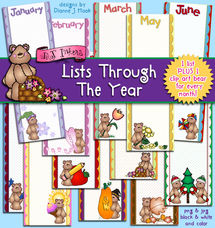 Lists Through The Year - Printable Borders & Clip Art by DJ Inkers