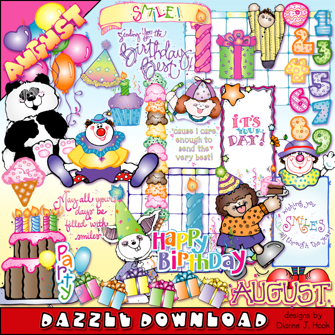 Cute, classic clip art for August , birthday and party time fun for kids by DJ Inkers.