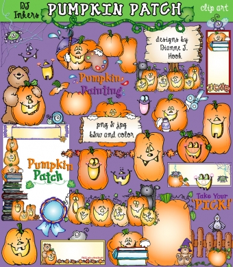 Pumpkin Patch and Jack-o' Lanterns Clip Art for Halloween by DJ Inkers