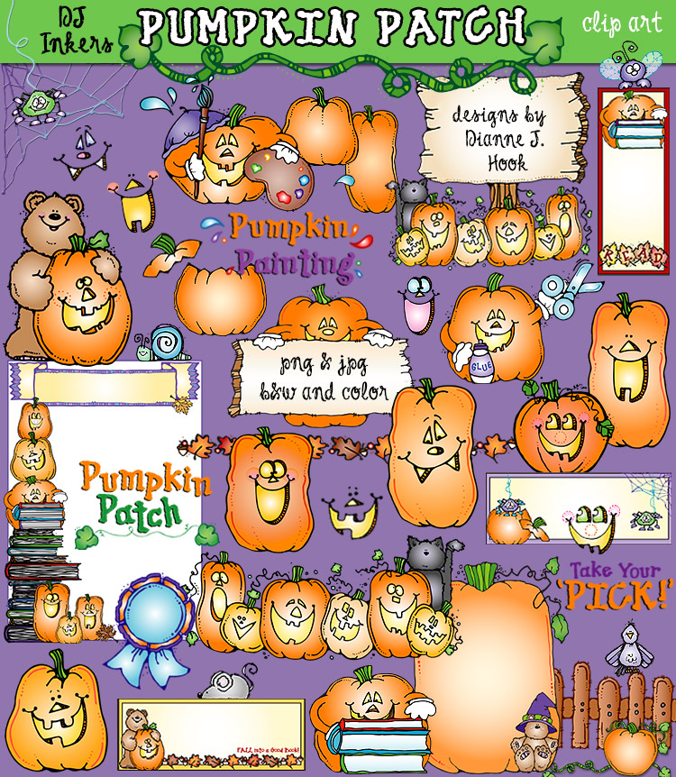 Pumpkin Patch and Jack-o' Lanterns Clip Art for Halloween by DJ Inkers