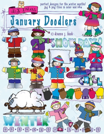 January Doodlers and cute Winter Kids Clip Art by DJ Inkers