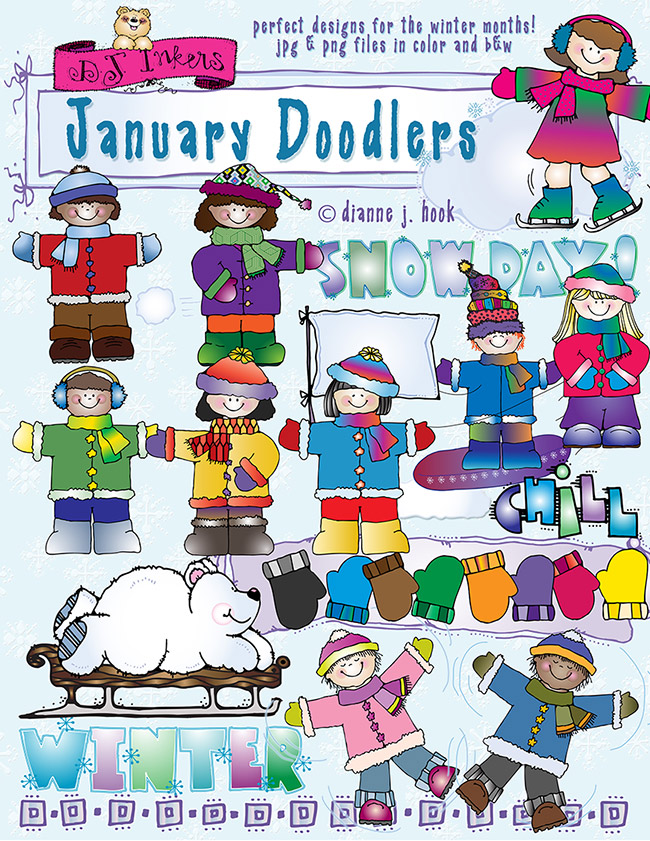 January Doodlers and cute Winter Kids Clip Art by DJ Inkers