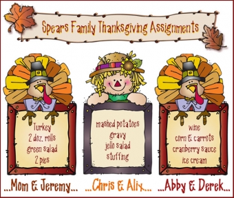 Dinner assignments made with cute Thanksgiving clip art by DJ Inkers