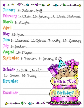 Birthday list chart with clip art by DJ Inkers