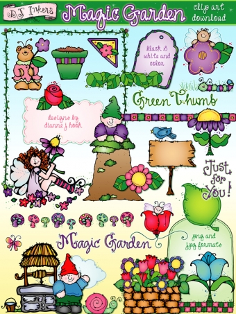 Magical garden clip art gnomes, fairies and flowers by DJ Inkers