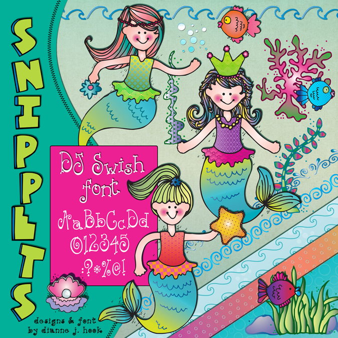 Playful mermaid clip art, under the sea printables and a swirly font by DJ Inkers
