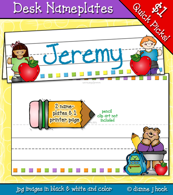 Printable kids desk nameplates for school made with clipart by DJ Inkers