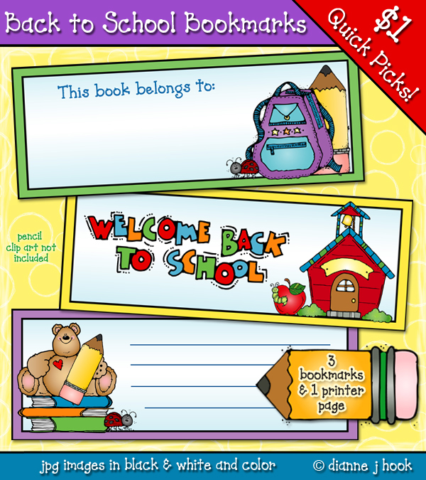 Printable back to school bookmarks made with clip art by DJ Inkers