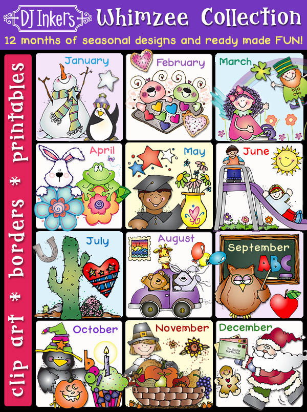 12 months of whimsical clip art, borders, backgrounds by DJ Inkers