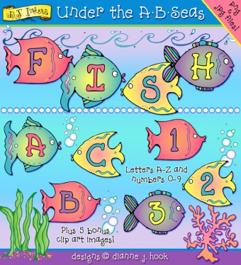 Go under the A B Seas for a fun fish clip art alphabet by DJ Inkers