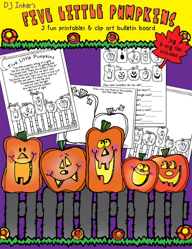 Five Little Pumpkins Mini Bulletin Board, Clip Art & Printable Activities by DJ Inkers