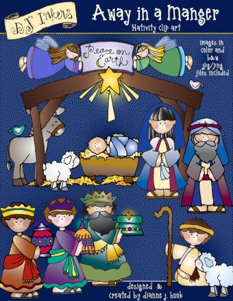 Away in a Manger Christmas nativity clip art with baby Jesus by DJ Inkers