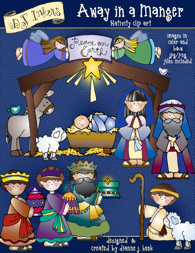 Away in a Manger Christmas nativity clip art with baby Jesus by DJ Inkers