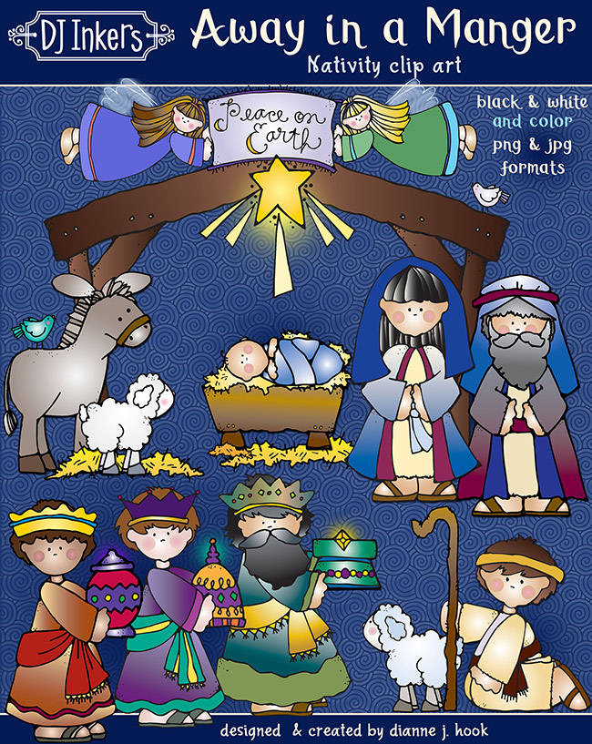 Away in a Manger Christmas nativity clip art with baby Jesus by DJ Inkers