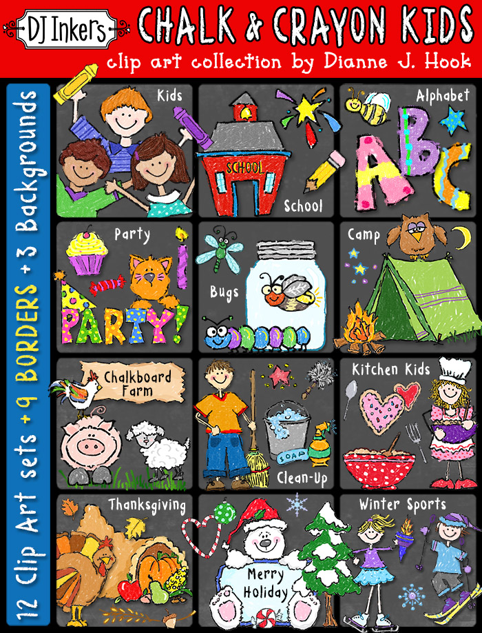 Chalk & Crayon Kids Clip Art Collection - 14 Download Bundle