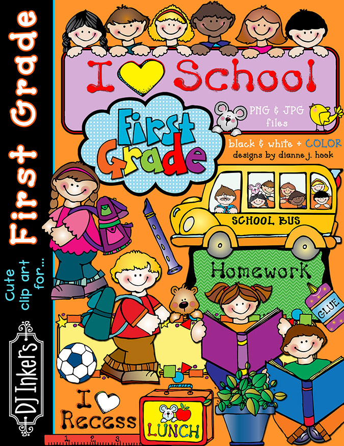 Cute first grade clip art for teachers, kids and schools by DJ Inkers