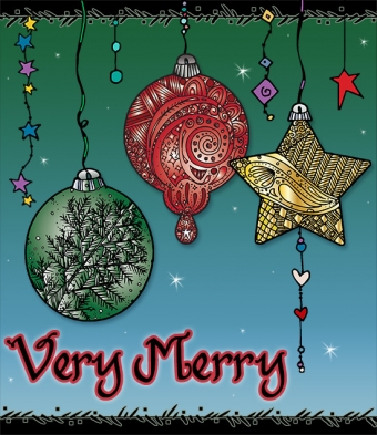 Very Merry Christmas card with zen doodled ornaments by DJ Inkers