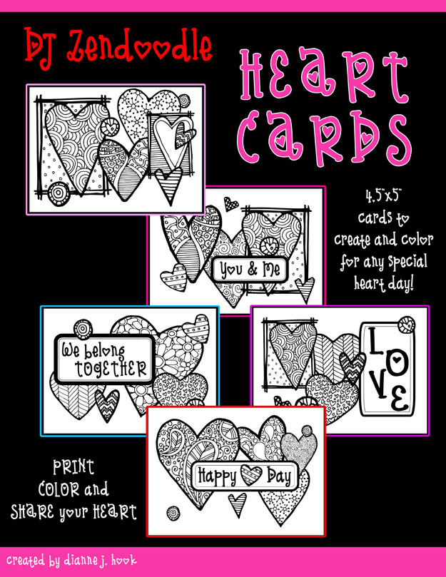 5 Printable Heart Cards to color for your Valentine by DJ Inkers