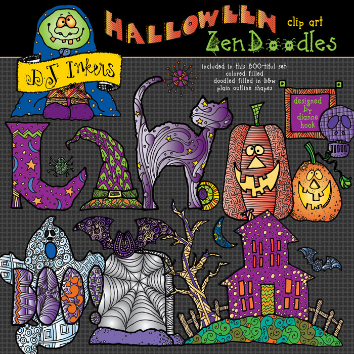 Frighteningly cute Zen-doodle clip art for Halloween by DJ Inkers