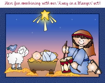 Little Drummer Boy at the manger with baby Jesus card made with clip art by DJ Inkers