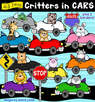 Critters in Colorful Cars Clip Art Download
