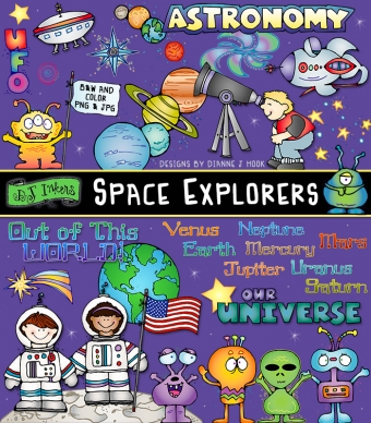 Space Explorers clip art, astronauts, planets, aliens and more by DJ Inkers.