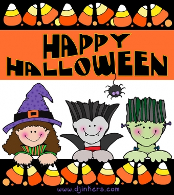 Happy Halloween card with witch, vampire and Frankenstein by DJ Inkers