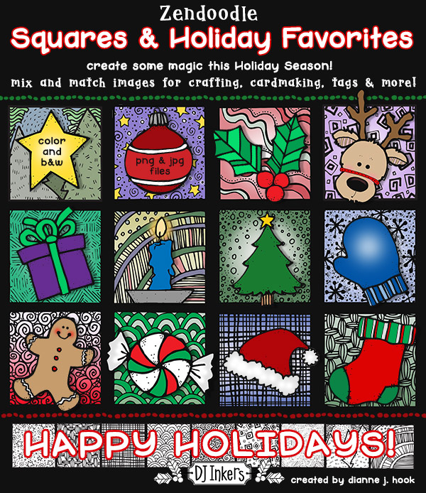 Zen-Doodle Holiday clip art for a creative quilt patch look and Christmas crafting by DJ Inkers