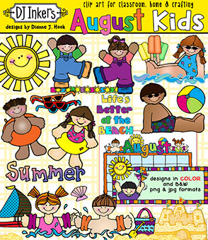 August Kids Clip Art - Beach and Summer Fun Download