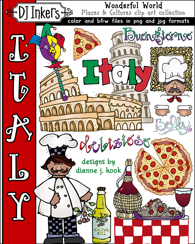 Italy Clip Art for kids, travel, pizza parties and learning Italian by DJ Inkers