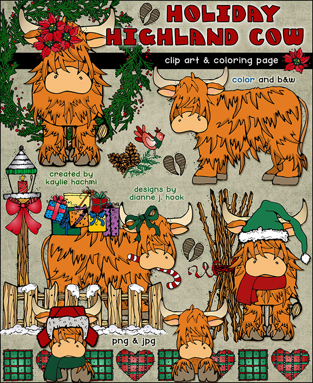 Adorable Scottish Highland cow clip art for the holidays by DJ Inkers